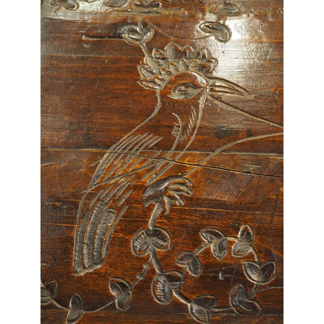 A Fascinating 17th Century Carved and Iron Studded French Trunk, Dated 1632 For Sale - Image 13 of 18