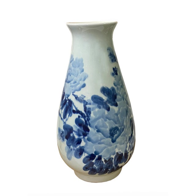 Chinese Asian Peony Flower Painter Prosperity and Wealth Blue and White Porcelain Tall Vase For Sale - Image 3 of 7
