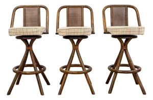3 Vintage Coastal Bamboo Barstools Dark Rattan W/ Beige Cushions and Caned Back