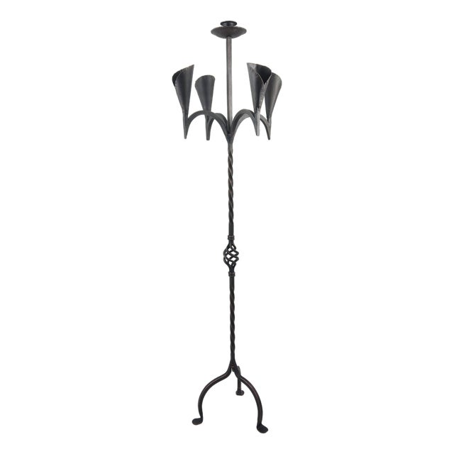 Hand Forged Wrought Iron Floor Candelabra 50″ (127cm) Antique Copper Patina 5-Arm Candle Holder Gothic Medieval Wedding Decor For Sale