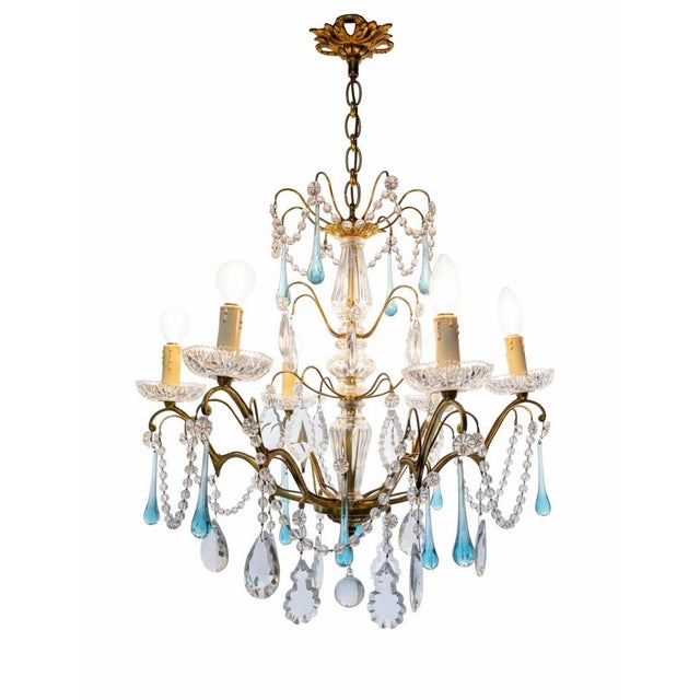 Blue French 6-Arm Chandelier in Brass and Crystals, 1960s For Sale - Image 8 of 8
