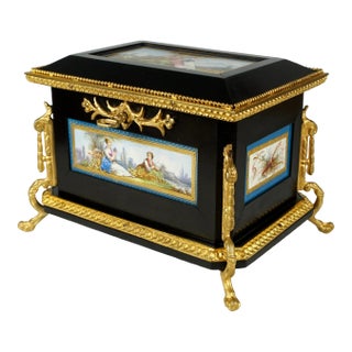 Mid 19th Century Napoleon III French Wood Jewelry Box Hand Painted Porcelain Plaques Gilt Bronze Mounts For Sale