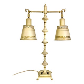 Vintage Cream Tole Double-Arm Table Lamp With Pierced Shades – Hollywood Regency Style For Sale