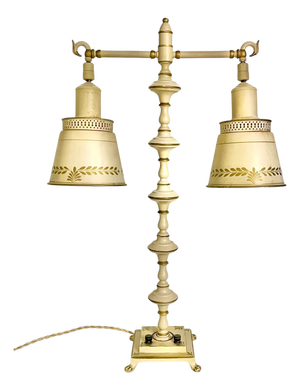 Vintage Cream Tole Double-Arm Table Lamp With Pierced Shades – Hollywood Regency Style