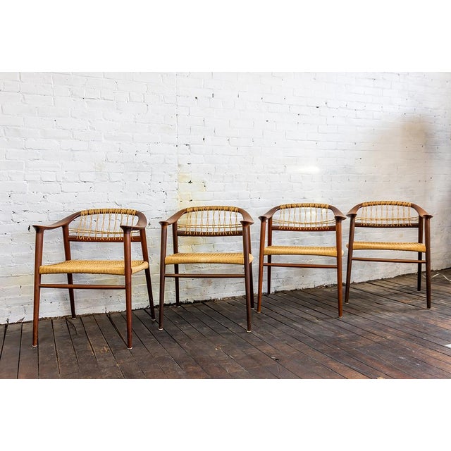 Mid-Century Modern Set of Four (4) Bambi Teak & Cane Dining Chairs by Rolf Rastad & Adolf Relling, Norway 1950s For Sale - Image 3 of 15