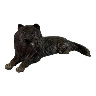 Large Bronze Collie Dog Sculpture, 28” Long, Reclining Lassie-Style Figure For Sale