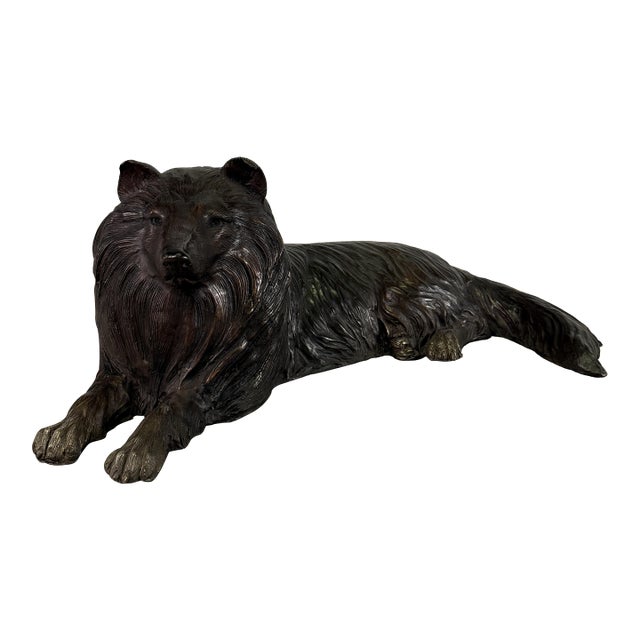 Large Bronze Collie Dog Sculpture, 28” Long, Reclining Lassie-Style Figure For Sale