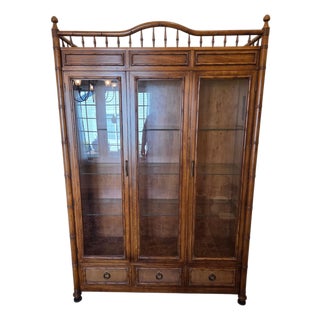 Vintage Thomasville Faux Bamboo and Cane Glass Display Cabinet China Hutch For Sale