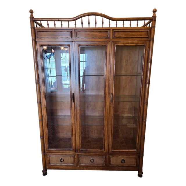 Vintage Thomasville Faux Bamboo and Cane Glass Display Cabinet China Hutch For Sale
