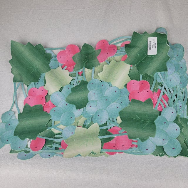 Late 20th Century Late 20th Century Khazana Grape Clusters Cutout Placemats Green Pink Blue Polyester New - Set of 8 For Sale - Image 5 of 10