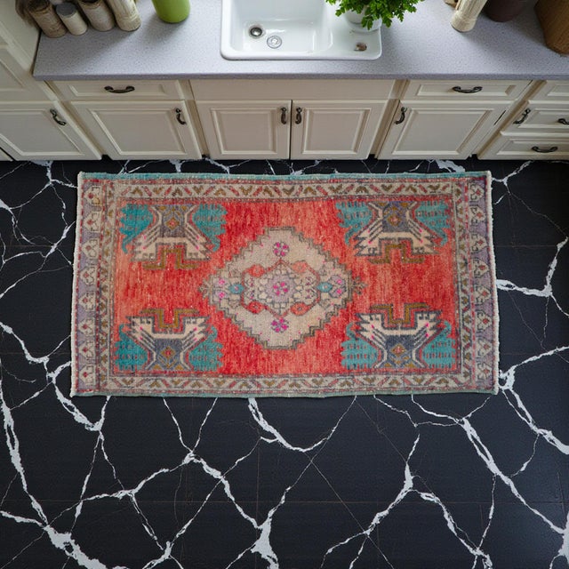 Farmhouse Small Vintage Turkish Oushak Rug 2x3 Hand Knotted Wool Red Teal Entryway Mat Handmade Doormat For Sale - Image 3 of 14