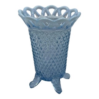 Vintage Imperial Glass Vase Blue Diamond Pattern Opalescent Footed For Sale