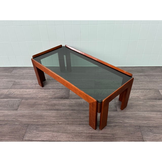 Vintage Italian Coffee Table in Wood with Smoked Glass Top, 1970s For Sale - Image 4 of 10