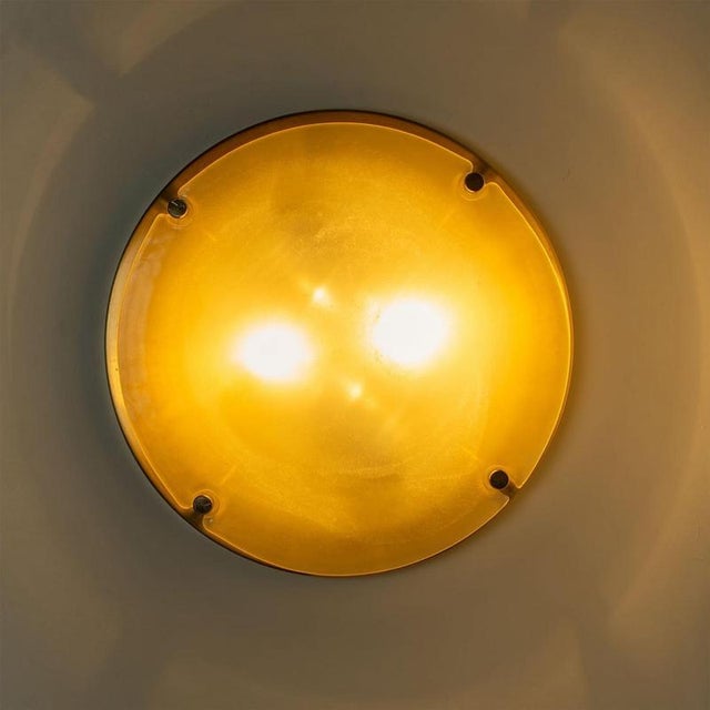 Domed Brass and Frosted Glass Flush Mount attributed to Hillebrand, 1960s For Sale - Image 3 of 9