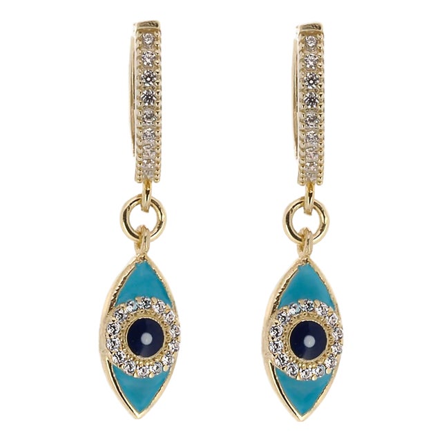 Turquoise Sparkly Evil Eye Gold Plated Earrings, A Pair For Sale