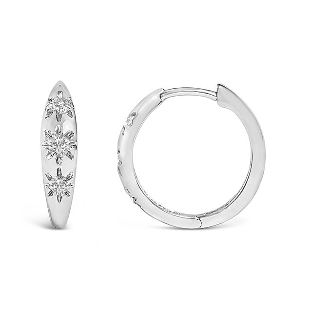 Contemporary 10K White Gold 1/5 Cttw Lab Grown Diamond Three Stone Huggie Hoop Earrings For Sale - Image 3 of 5