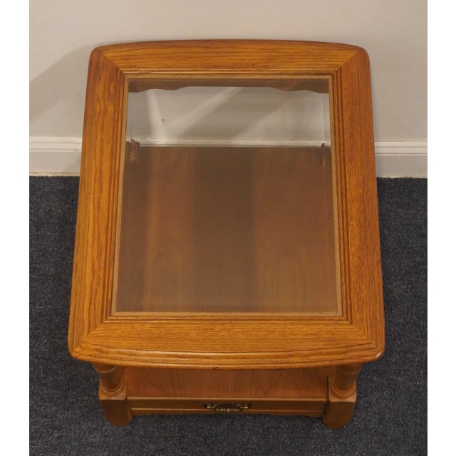Brown Bassett Furniture Solid Oak Early American Rustic 22" Glass Topped Accent End Table 6045-0668 For Sale - Image 8 of 12