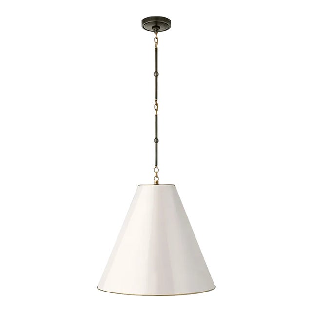 Thomas O'Brien for Visual Comfort Signature Goodman Medium Hanging Light in Bronze & Hand-Rubbed Antique Brass with Antique White Shade For Sale