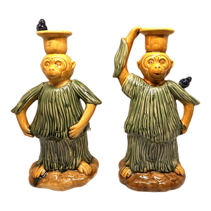 Pair of 1970s Majolica Monkey Birds Taper Candle Holders