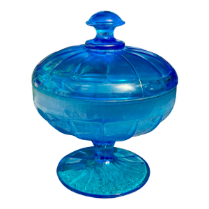 Fenton Celeste Blue Stretch Iridescent Glass Candy Dish & Lid