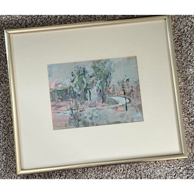Dynamic and expressive original gouache painting of a park landscape, framed and matted. Signed illegibly by the artist,...
