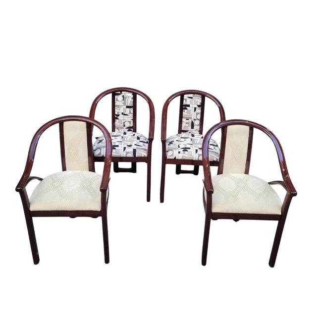 Set of 4 Art Deco chairs upholstered in “Euphoria Cubista”, Misia Paris, 1970s – France Material: Lacquered wood...