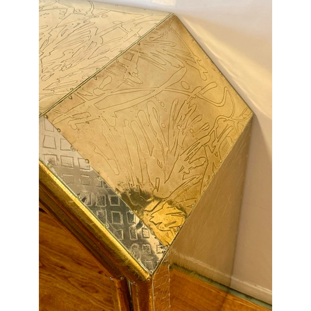 Wood Rodolfo Dubarry Signed Console Table Handcrafted Brass & Pewter Panels Ooak C. 1970’s For Sale - Image 7 of 12