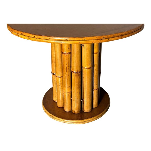 Restored Rattan & Mahogany Round Pedestal Side Table For Sale - Image 4 of 5