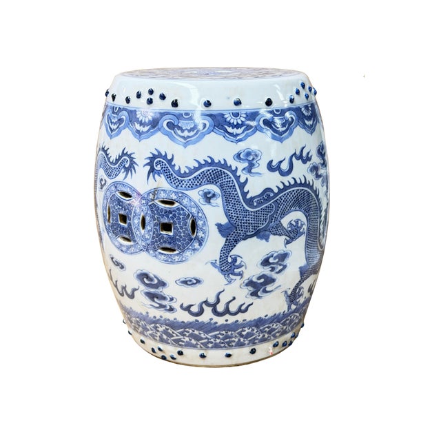 1980s 10" Chinese Blue White Porcelain Double Dragons Round Shape Stand Display Art For Sale - Image 5 of 18