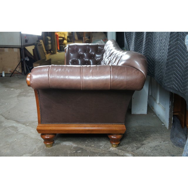 Late 20th Century Baker Furniture Stately Homes Tufted Brown Leather & Walnut Chatsworth Sofa For Sale - Image 9 of 15