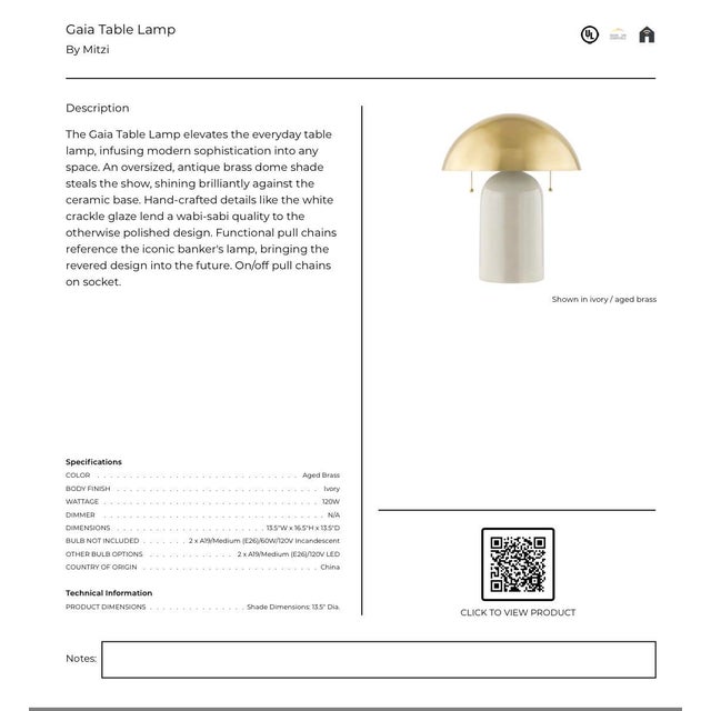Brass Modernist Mushroom “Gaia” Brass and Ceramic 2-Light Table Lamp by Mitzi/Hudson Valley Lighting For Sale - Image 8 of 10