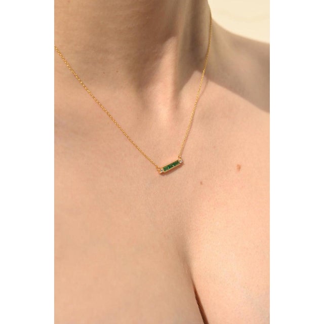 Gold 14k Solid Yellow Gold Diamond Emerald Baguette Bar Necklace For Sale - Image 8 of 9