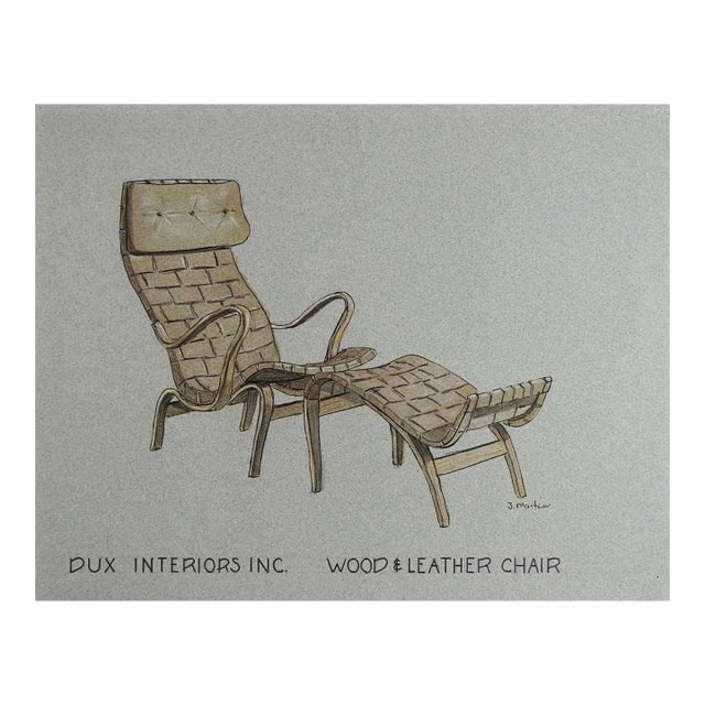 Mid 20th Century Drawing of Bruno Mathsson Wood & Leather Chair For Sale