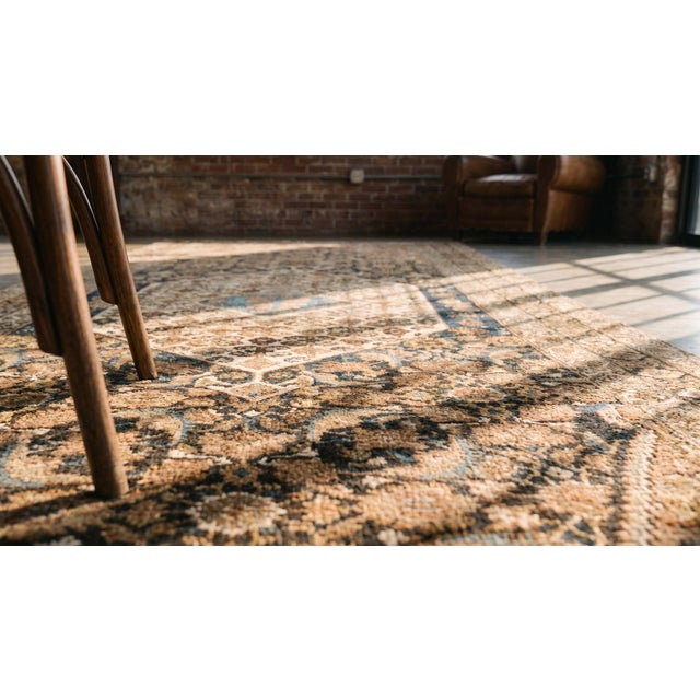 Delightful Large Ivory Central Medallion on Abrashed Blue-Brown Background Antique Persian Rug For Sale - Image 15 of 15