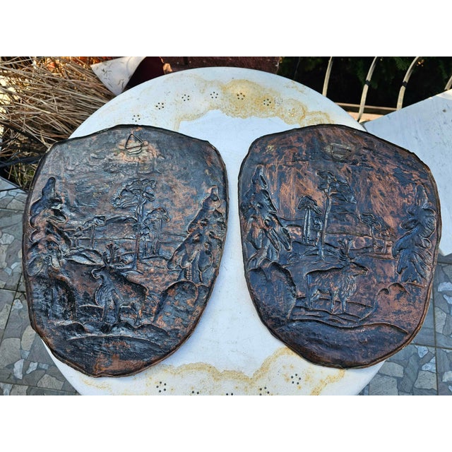 Art deco, painting, brass relief, deer, 2 pieces, dimensions: height 447 cm, width 37 cm, depth 1 cm