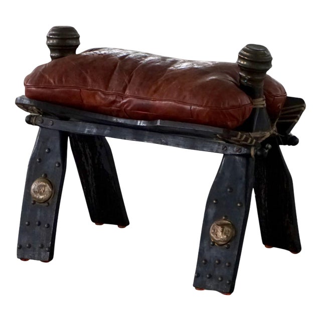 Moroccan Dark Red Upholstered Camel Saddle Ottoman, North Africa, 1940s For Sale