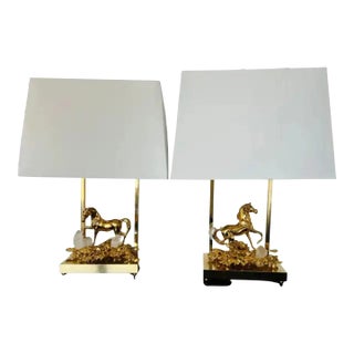 Horse Claude Victor Boeltz 1980 Gold Bronze Crystal French Table Lamps - A Pair For Sale