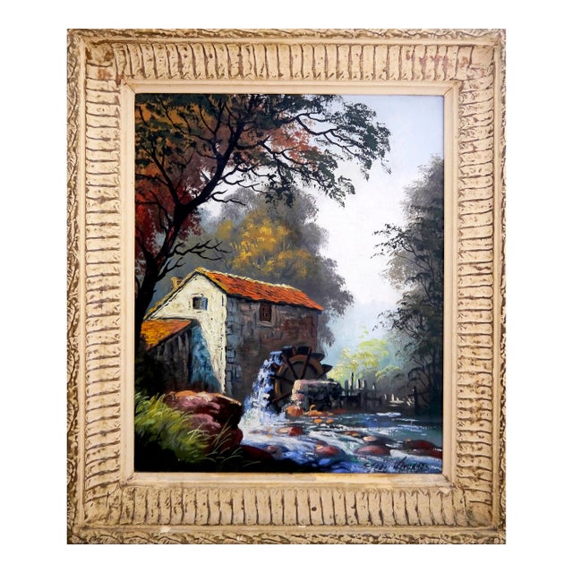 1940s J Weakaes French School Luminous Landscape With Water Mill, Oil Painting Signed For Sale