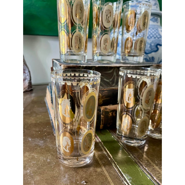Mid 20th Century Mid-Century Modern Gold Royal Ladies Portrait Tall Boy or Tumbler Glasses - Set of 7 For Sale - Image 5 of 12