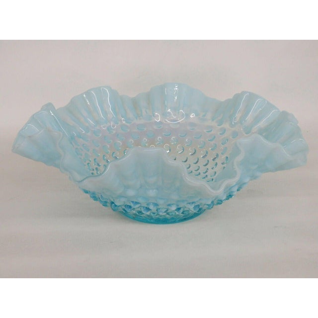 Fenton Hobnail Style Opalescent Blue Glass Large Ruffled Rim Bowl