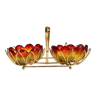 Amberina Glass Bowls & Serving Caddy Lotus Flower Nuts Condiments Red Yellow Indiana Glass For Sale