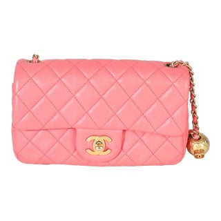 Pink Quilted Lambskin Pearl Crush Mini Rectangular Flap Bag For Sale