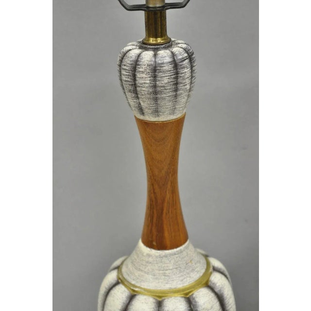Wood Vintage Mid Century Modern Walnut & Ceramic Small Sculptural Table Lamps - Pair For Sale - Image 7 of 12