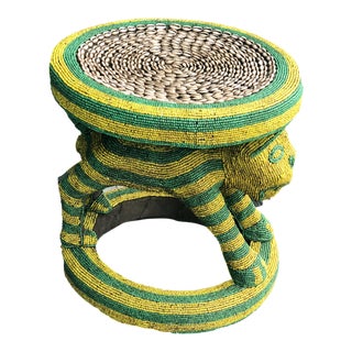 Lg African Beaded Wood Bamileke Stool /Table Cameroon 18.5" H For Sale