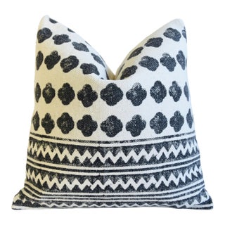 French Hand-Printed Black, Charcoal Gray & White Cotton Feather/Down Pillow 19” Square For Sale