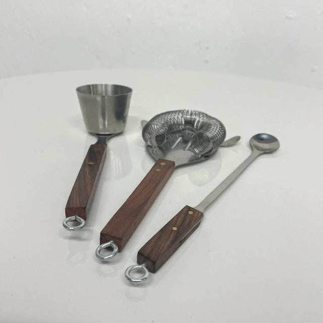 AMBIANIC presents 1960s Japanese Modern Fancy Cocktail Bar Tool Set Sculpted Stainless Steel & Tapered Rosewood Handles...