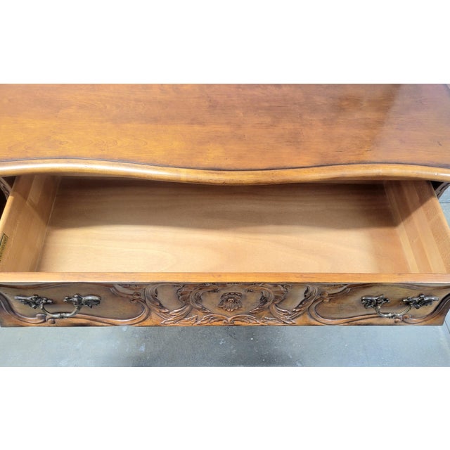 Vintage Century Oversized Solid Wood 2 Drawer French Provincial Rococo Carved Bombe Chests Commode- A Pair For Sale - Image 13 of 18