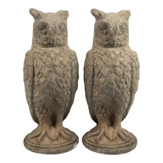 A Pair of Vintage English Cast Stone Great Horned Owls For Sale