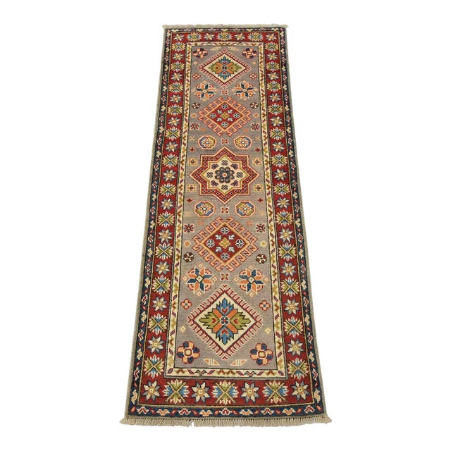 Kazak Runner 1’11” X 5’8” Gray Wool Tribal Hand-Knotted Oriental Rug For Sale