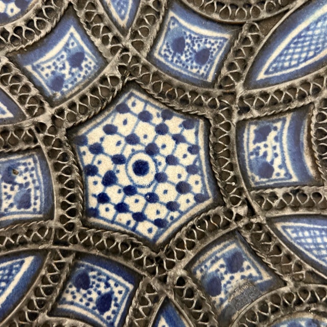 Vintage Handcrafted Moorish Moroccan Blue Decorative Ceramic Bowl For Sale - Image 4 of 6